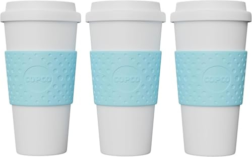 Copco 16 oz Acadia Travel Mug, Set of 3 – Double-Wall Insulated Coffee Cups with Non-Slip Sleeve for Hot & Cold Drinks, BPA-Free Plastic, Cup Holder Friendly & Portable Drinkware (Azure Blue)