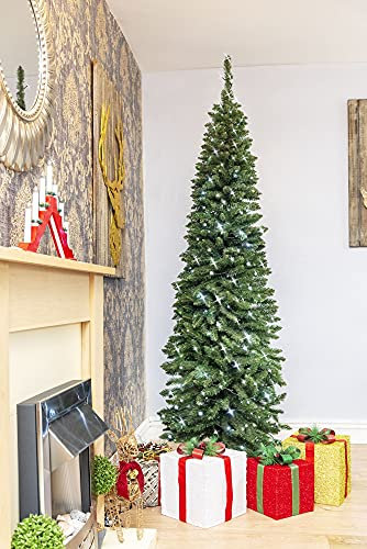 SHATCHI 7Ft/2.1m Pre-Lit Artificial Slim Christmas Green Pencil Tree, Pointed Tips, Metal Stand Cool White LEDs Lights Holiday Home Decorations, 210 cm