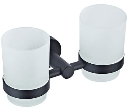 Black Wall-Mounted Dual Toothbrush Holder, All Brass Double Cup Holder with 2 Glass Cups Toothbrush Cups and Holder Bathroom Accessories Bath Accessories Decor, Matte Black Finish