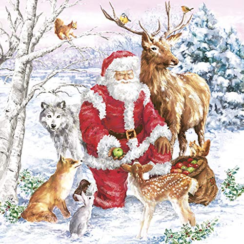 Auswahl Motiv - 20 Servietten/Napkins - ca. 33 x 33 cm 3-lagig - Weihnachtsmann mit Tieren Hase Reh Fuchs Rentier Eichhörnchen - Tisch-Deko Basteln Serviettentechnik