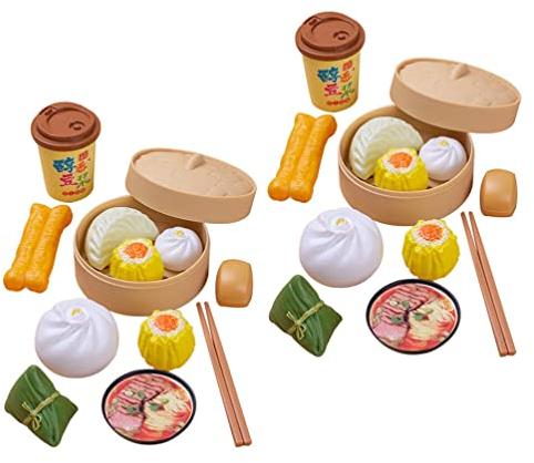 2 Sets Kids Pretend Play Kitchen Toy - 26Pcs British Breakfast Food Set with Steamed Buns | Role Play Cooking Toys for Dollhouse & Playhouse Accessories
