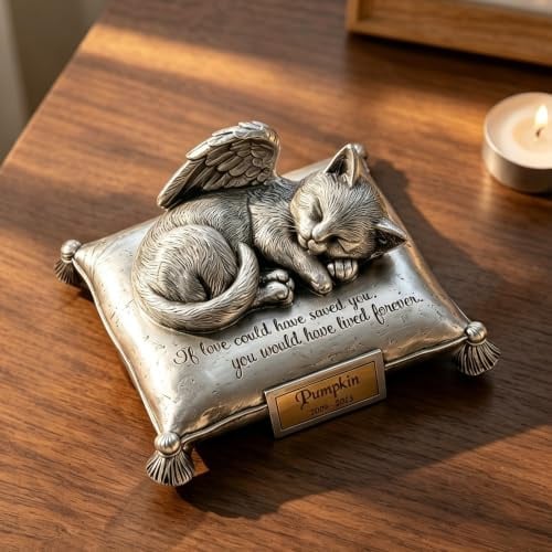 MARYTUMM Personalized Cat Urn, Heavenly Angel Cat Sleeping On Pillow Cremation Urn Small Pet Memorial Statue Engraved with Your Pet's Name,Date Decor Cats Shape Keepsake Urns