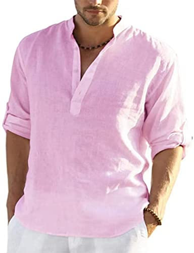 PADOLA Chemise Homme Chemise Lin Homme Col Mao Chemise Manches Longues Uni Henley Shirts Chemise en Lin été Grande Taille Chemise de Plage Classique Casual Décontractée (S, 1 Rose)