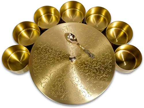 SATYA EXPORTS Spice Jar Container Brass Masala Box Set with 7 Containers and 1 Spoon, Golden Embossed Lid Size- 8x8x2.2 inch(Design-4)