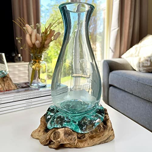 24cm Molten Glass Vase On Driftwood Stand Hand Carved Blown Flower Holder Large