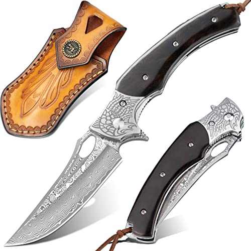 LOTHAR KRAKEN Taschenmesser, Damast Klappmesser aus 67 Lagen VG10 Damaststahl, Damast Taschenmesser mit Scharfe Klinge und Ebenholzgriff, Damastmesser für Sammlung oder Geschenk (Ebenholz)