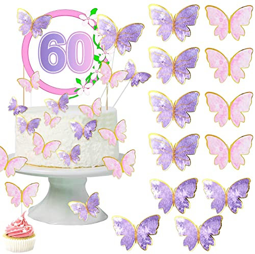 60Pcs Butterfly Cake Toppers, 3D Butterfly Cupcake Toppers, Gold Edge Mixed Size Butterfly Cupcake Toppers for Baby Shower Wedding Anniversary Birthday Party Cake Wall Decorations Supplies