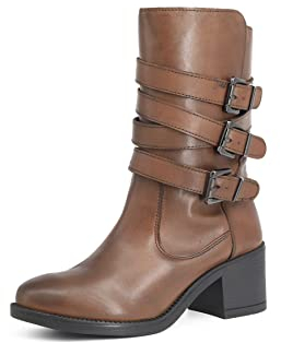 QUEEN HELENA Stivali Biker Stivaletti di Pelle con Tacco Zip Laterale Fibbia Donna S259 (Marrone, numeric_38)