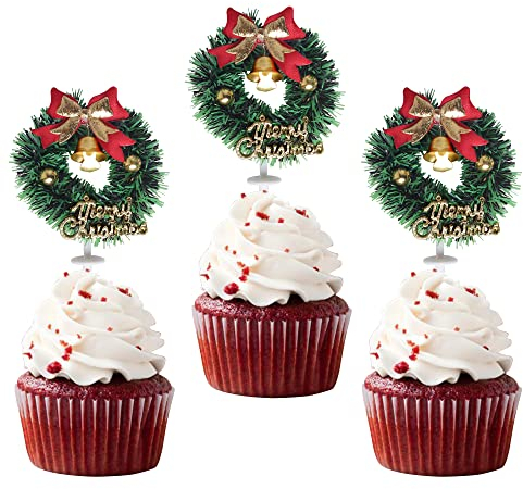12 Stück Merry Christmas Cupcake Toppers Grünes Gras Kreis mit Glocke Cupcake Picks Dekorationen fröhliche Weihnachten Thema Neujahr Urlaub Party Kuchen Dekoendeko