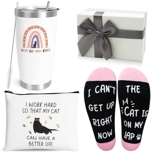 UAREHIBY Cat Mom Gifts for Women,20 OZ Wine Tumbler Gifts for Cat Lovers,Crazy Cat Lady Gifts with Cosmetic Bag,Funny Cat Themed Things with Socks Birthday Gifts for Women,Friend,Cat Stuff