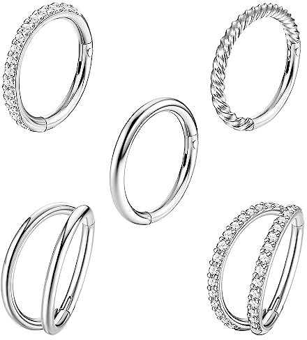Diamday 5Pcs 18G 16G Surgical Steel Nose Rings Hoop for Women CZ Clicker Hinged Septum Ring Lip Helix Cartilage Double Hoop Earring Daith Rook Conch Body Piercing Jewelry for Women 8mm 10mm