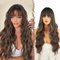 FESHFEN Lange Gewellt Perücke mit Pony, Dunkelbraunes Mischblond Lange Lockige Perücken mit Pony, Party Cosplay Wigs French Bangs Wigs Natürlich Synthetik Perücken für Frauen Damen, 65 cm