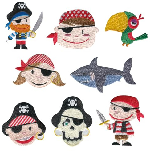 Catch the Patch Piraten Set 8 Stück - (Größe: verschiedene Größen) – Aufbügler & Applikationen in verschiedenen Größen – Ideal für Kleidung, Schulranzen, Jeans & Rucksäcke
