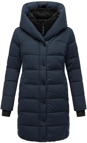 Navahoo Damen Wintermantel warmer Steppmantel lang mit Kapuze und abnehmbarem Fleece-Kragen Knutschilein XS-3XL
