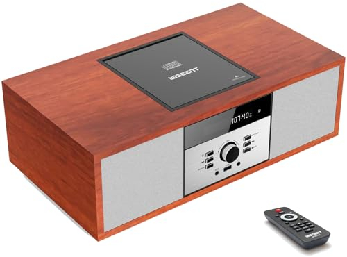 WISCENT Vintage Bluetooth Micro HiFi Systems - Impianto stereo per casa, lettore CD, con streaming audio Bluetooth, radio FM, porta USB, Aux-in, jack per cuffie
