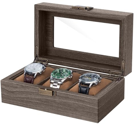 CeiBand Uhrenbox Holz Mit 3 FächernUhren, Displaybox Aufbewahrungsbox Uhrenkasten Uhrenkissen Uhrentruhe PU Leder für Glasdeckel Uhren Aufbewahrungaus Tolles Geschenk für Die Liebsten(20*12*8.5cm)