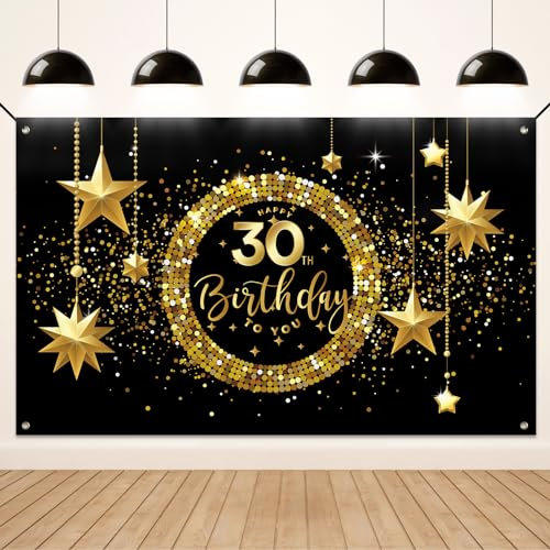 Koliphy 30. Geburtstagsbanner, 30. Happy Birthday Banner für Mann Frau, Schwarz Gold Stoff 30 Geburtstag Deko Hintergrund Party Dekoration Drinnen und Draußen