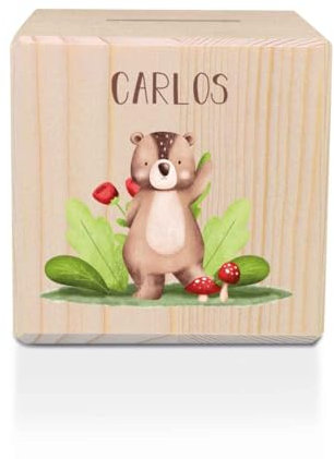 GRAVURZEILE Spardose aus Holz - Waldtiere - mit Namen personalisiert - Personalisierte Geschenke für Mädchen & Jungen zum Geburtstag Kommunion Einschulung - Geschenk für Kinder - Bär