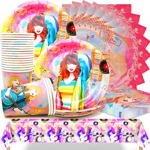 Huaxintoys Sänger Tay-lor Geburtstag Geschirr Set,Deko Geburtstag Set Einschließlich 20 Dessert-Teller,20 Becher,20 Servietten und 1 Tischdecke für Kind Geburtstagsgeschenk,Party Deko,Baby Shower