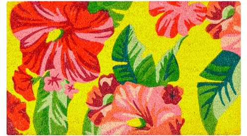 Baroni Home Zerbino Ingresso Casa in Fibra di Cocco Dipinto a Mano, Tappeto da Esterno con Fondo Antiscivolo, Zerbino Resistente e Facile da Pulire, 70x40 cm (Fiori Rosa Sfondo Giallo)