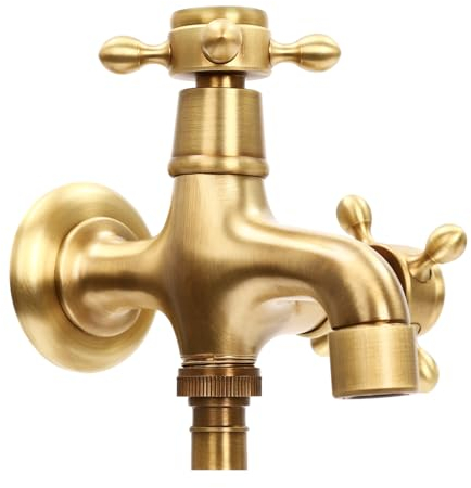 Robinet de jardin double sortie en laiton - Montage mural - Vintage - Double robinet d'eau froide avec 2 poignées - Raccord fileté G1/2 - Robinet froid pour jardin, machine à laver, salle de bain