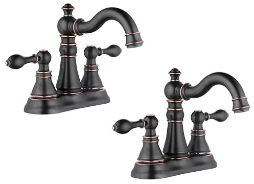 Derengge F-0048-ORB Badezimmer-Wasserhahn mit zwei Griffen, ölgeriebener Bronze, 3 Löcher mit Pop-Up-Ablaufmontage, klassischer 10,2 cm Mittelsatz, WC-Wasserhahn mit 360° drehbarem Auslauf, 2 Stück