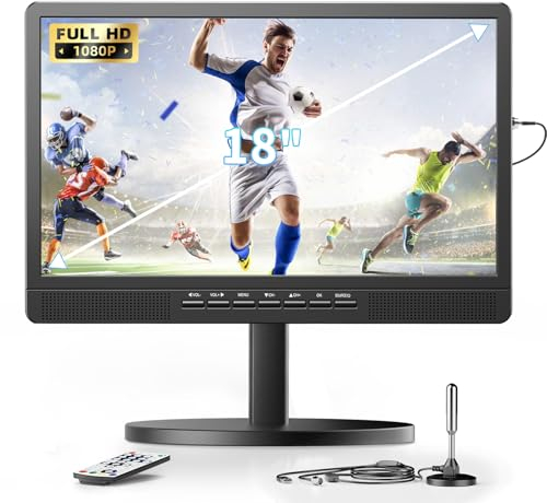 Desobry TV portátil de 18 Pulgadas con Antena, Mini televisión LCD con sintonizador DVB/T2, 12V TV Recargable 6000mAh con Soporte Redondo para Camping al Aire Libre, Dormitorio, Cocina