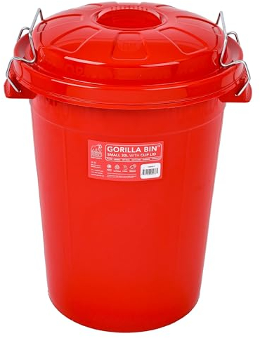 Red Gorilla Bin 30 Litre with Clip Lid Red Stackable Storage Plastic Lightweight Weather Resistant Frost Proof for Indoor Outdoor Waterproof Waste Bin for Garden Garage Kitchen Home Recycling
