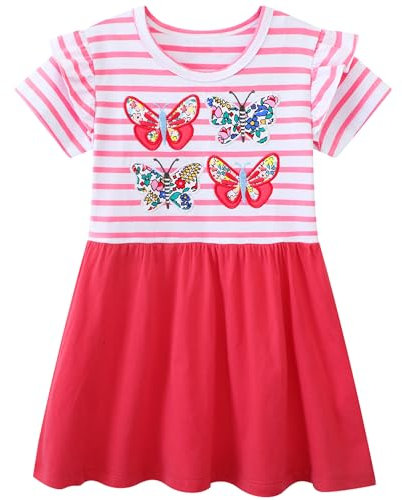 Baogaier Robe Filles Robes Rayure Animal Coton Broderie Applique T-Shirt Été Tunique Chemise Casual Anniversaire Vêtements Cadeau Enfant 3-4 Ans