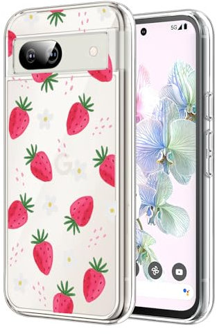 DiyGody Coque de Protection Compatible avec Google Pixel 8a 6,1 Pouce, Housse en Silicone Souple TPU Transparent avec Jolies Fraises Fleurs pour Femme, Étui Protecteur Antichoc Anti-Rayures Ultra Fine
