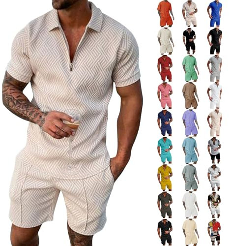 Männer Tshirts Lässig Trainingsanzug Rennrad Trikot Set Herren Loungewear V Ausschnitt Party Outfit Freizeitanzug Kleidung Herren Strand Outfit Jogginganzug Herren Shorts Und Tshirt Set(1-Beige,L)