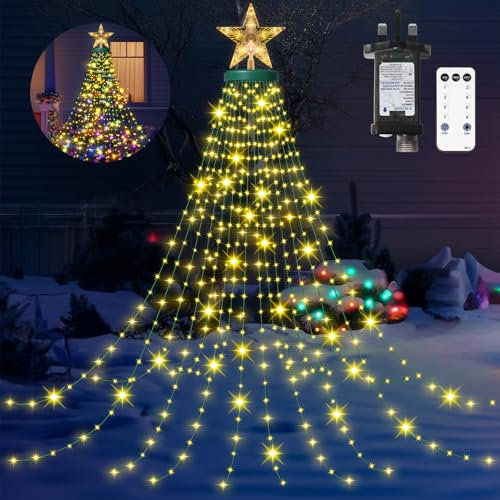 HELESIN Christmas Tree Lights with Star Topper, 410 LED 6.56FT x 16 Lines Christmas Light with 8 Modes Timer Remote, Waterfall Tree Lights Plug in String Light for Indoor Outdoor Xmas Decor, Warm