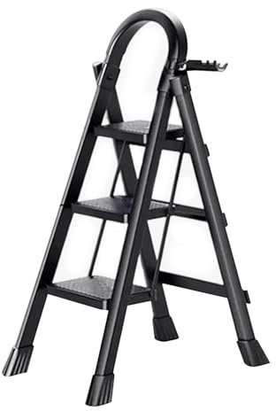 K IKIDO Escabeau pliable avec main courante, 3 marches - Antidérapant, facile à ranger - Marches larges - Convient pour la cuisine, la maison et la maison - Charge maximale : 150 kg (noir, 3 marches)