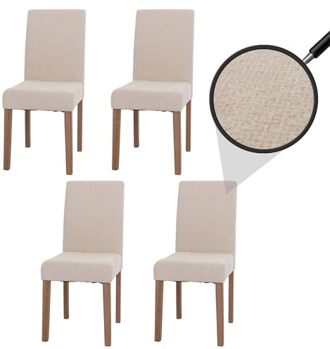 Mendler 4er-Set Esszimmerstuhl Littau, Stuhl Küchenstuhl Hochlehner, Stoff/Textil Chenille Holz - Creme, naturfarbene Beine