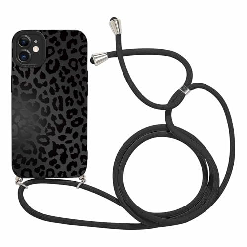 Coalbooliy Handykette für iPhone 12 mini Hülle mit Band, Aesthetic Schwarzer Leopardenmuster Muster Verstellbarer Halskette Handyhülle Kordel zum umhängen Silikon Stoßfest Schutzhülle mit Kette, 03
