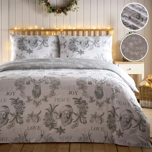 Simply Charlotte Santa Joy Super King Size Duvet Cover Set Christmas Xmas Bedding Bed Set Grey