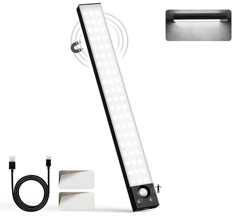LQWELL® Schrankleuchte mit 54 ​​LEDs und Bewegungsmelder, 32 cm, 1800 mAh, Wiederaufladbar, Dimmbar, Schrankleuchte für Küche, Kleiderschrank, Bücherregal, Schlafzimmer (Schwarz, 1 Stück)