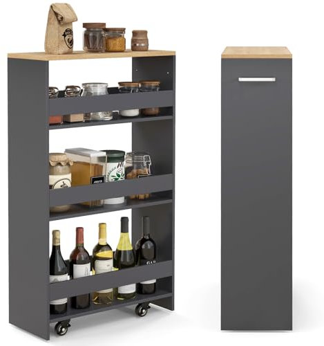 COSTWAY Chariot de Rangement 20 cm à roulettes, Desserte de Cuisine à 4 Niveaux avec Poignée Latérale et Roues Universelles avec Freins, Design Étroit pour Petit Espace (Gris + Naturel)