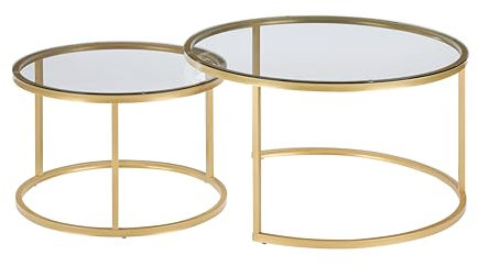 Xisilla Juego de 2 Mesas de Centro Redondas - Vidrio Templado con Marco Dorado ⌀80cm + ⌀60cm - para Salón Moderno
