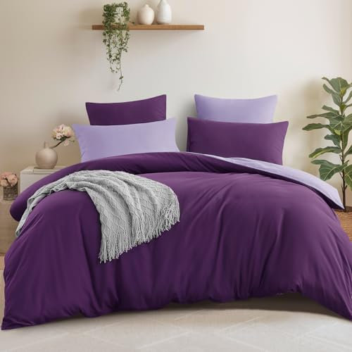 Aisbo King Size Duvet Cover Set - 3Pcs Reversible Bedding Bed Set Purple and Lavender Kingsize Soft Brushed Microfiber Quilt Cover with 2 Pillowcases 50x75cm