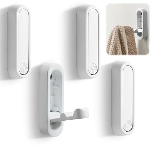 teasteam Foldable Wall Hooks 4Pcs Folding Coat Hook for Hanging Bearing Load 33lb/15kg Wall Mount Heavy Duty No Rust Zinc Alloy Hook with 4Pcs Screws for Hanging Coat & Bags & Hat (Matte White)