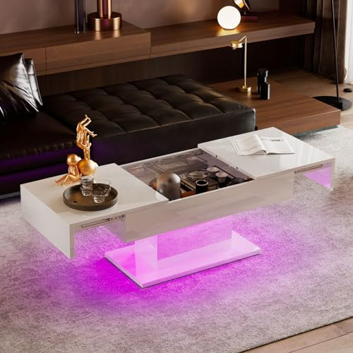 KEEPREAPER White Coffee Table with Storage | High-Gloss Modern Wooden Coffee Table, Sliding Top with Hidden Storage Drawers & 16-Color LED Lighting | Space-Saving Design for Living Room