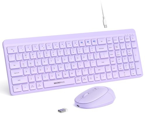 Ensemble clavier et souris sans fil violet pour ordinateur de bureau, Mac, iPad, Bluetooth, 2,4 GHz, rechargeable, clic fin, silencieux, avec pavé numérique, compatible avec PC, ordinateur portable