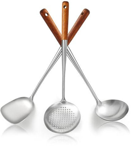 Evanda Wok Spatula Set 43cm, Heat Resistant Wood Handle Stainless Steel Wok Tools, Metal Spatula, Ladle, Kitchen Skimmer, Professional Kitchen Cooking Utensils Set, Wok Accessories Dishwasher Safe