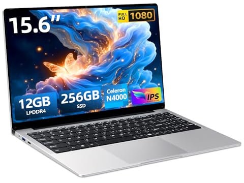 Ordenador Portátil 15,6 Pulgadas, 12 GB RAM LPDDR4 256 GB SSD Celeron N4000 procesador Laptop, PC Portátil con pantalla FHD 1080p, rotación de 180°, USB 3.0, mini HDMI, ranura para tarjeta TF, WiFi