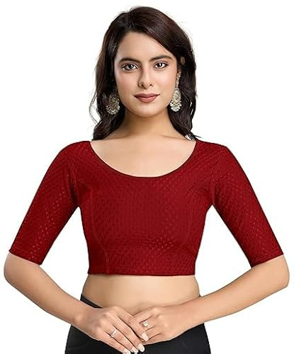 Accessorize Kingdom Women's Dobby Pure Cotton Elastin Stretchable Readymade Round Neck Elbow Length Sleeves Blouse Choli Stylish Saree Blouse (Maroon, 32-36)