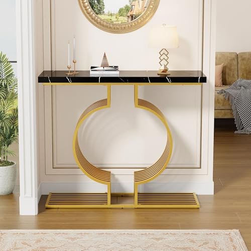 Gold Konsolentisch, 100 * 35 * 80cm Beistelltisch, Moderner Eingangstisch mit Geometrischem Metallsockel für Wohnzimmer und Flur, Goldener Sockel Kann auf Zwei Arten Installiert Werden (Schwarz＆Gold)