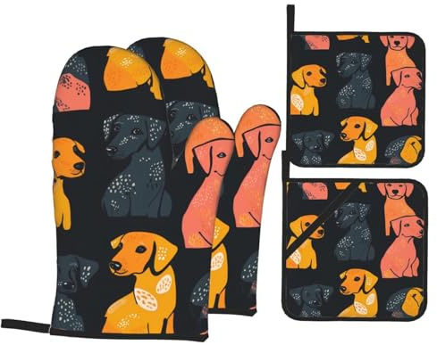 YYHHAOFA Bilder von Dalmatinern Bild Ofenhandschuhe und Topflappen Sets – hitzebeständig, wasserdicht und langlebig Küche Backen vierteiliges Set