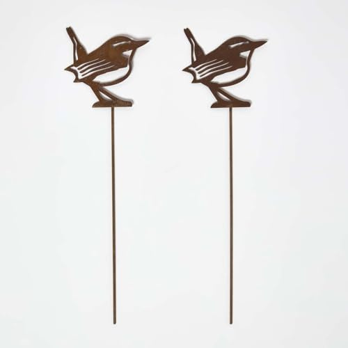 HOMESCAPES Metal Garden Stakes Decorative, Set of 2 Rustic Metal Birds Silhouette, 37cm Eurasian Wren Bird Stake, Weatherproof Vintage Outdoor Ornament for Gardens, Plant Pots, Planters & Balcony