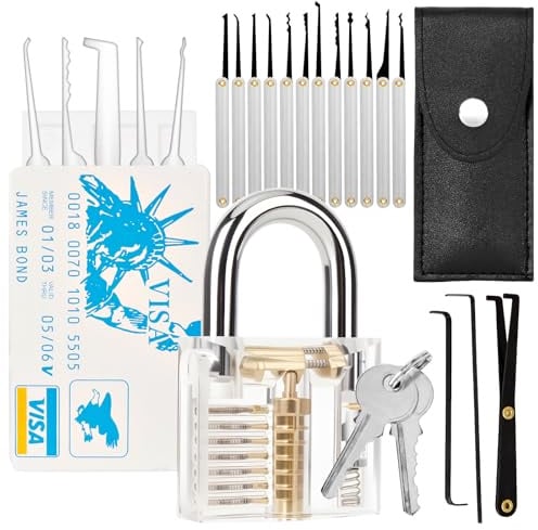 20 Pezzi Lockpicking Set, Grimaldelli Professionali Con 1 Lucchetti Trasparent, Chiave Universale per Lucchetti e Kit Apertura Completo, Lockpicking Set per Fabbri Principianti ed Esperti
